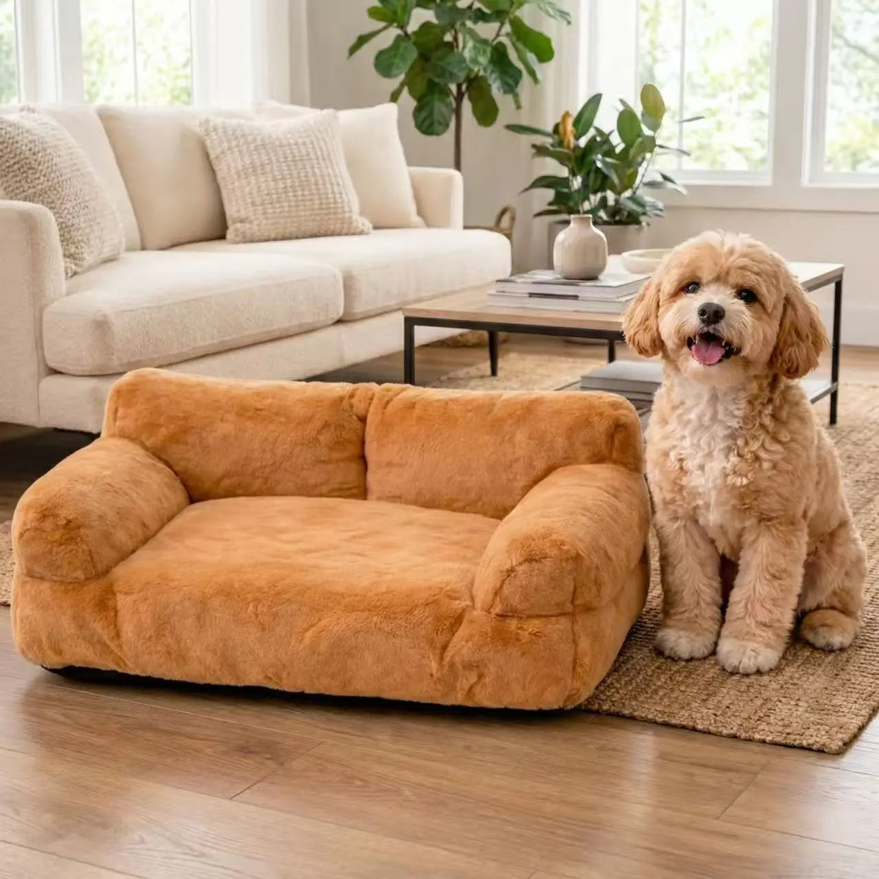 Cozy Plush Pet Sofa Bed with Bolsters – Washable Indoor Couch