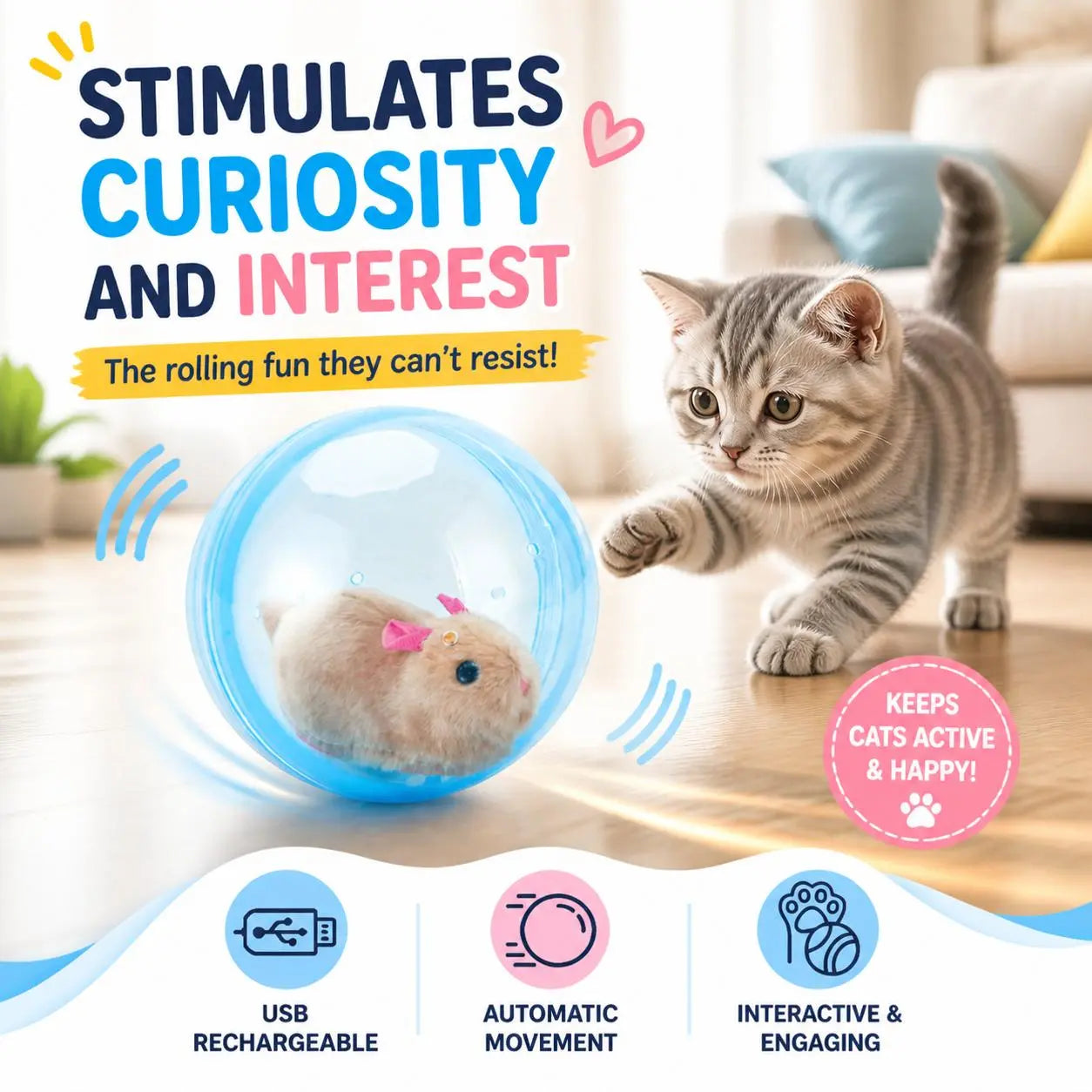 Smart Automatic Cat Toy – USB Rechargeable Rolling Ball