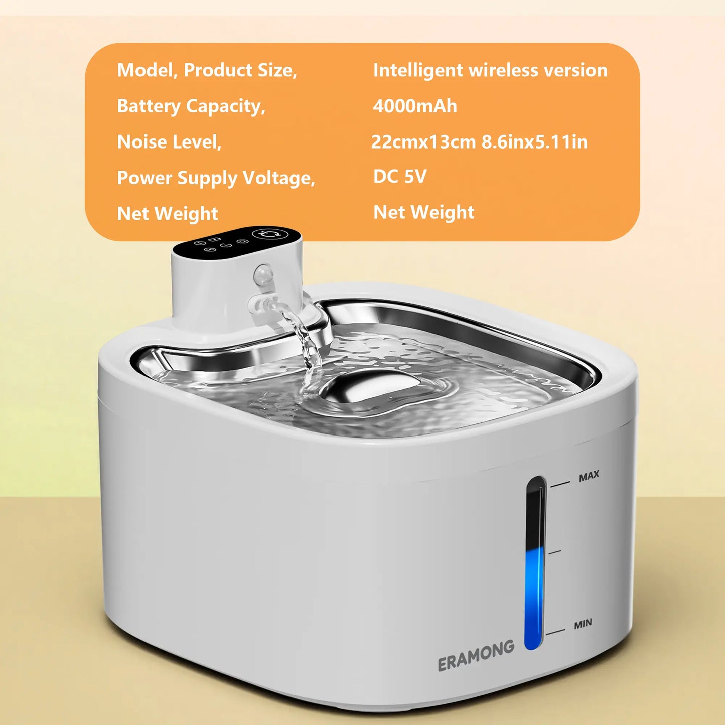 ERAMONG Smart Wireless Pet Water Fountain – 3.5L Stainless Steel