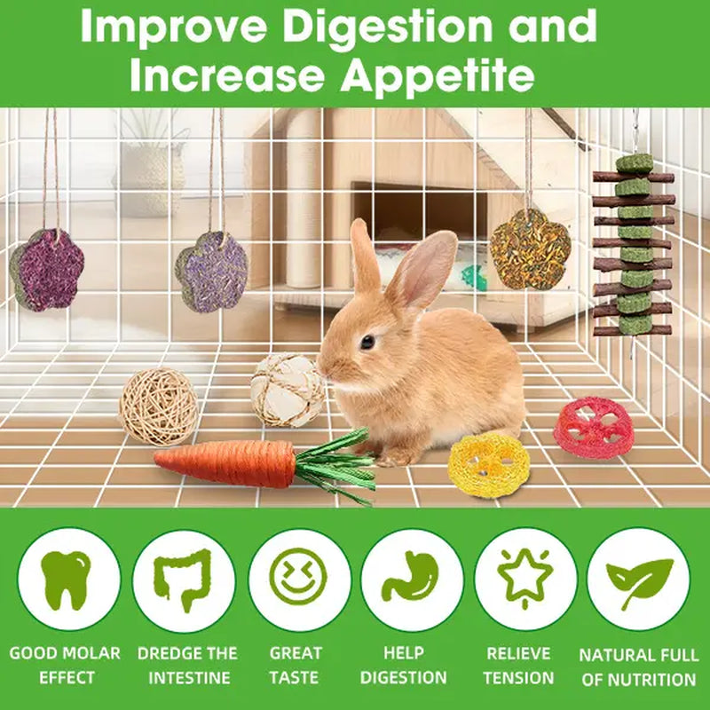 21 Pieces Rabbit Dental Chew Toys – Apple Wood Sticks, Timothy Hay Cakes for Teeth Care – Ideal for Rabbits, Hamsters, Chinchillas, and Gerbils