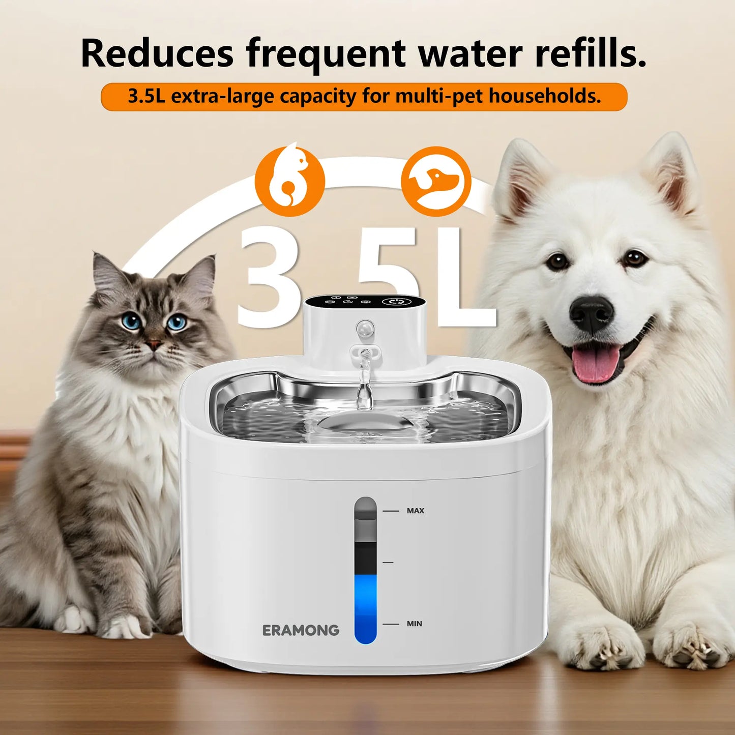 ERAMONG Smart Wireless Pet Water Fountain – 3.5L Stainless Steel